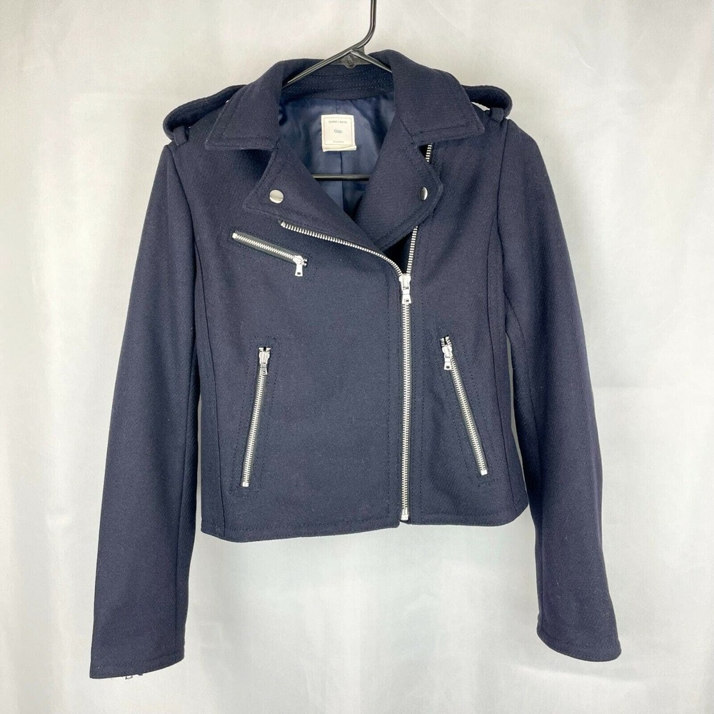 Gap Navy Blue Zip Front Wool Moto Biker Jacket Size XS